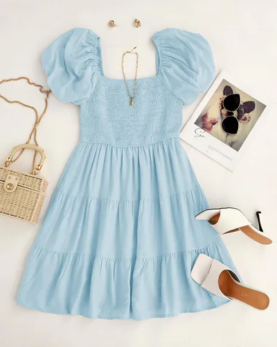 Vista 7 de ZESICA Vestido corto bohemio de verano para mujer, con cuello cuadrado, manga abombada, hombros descubiertos, fruncido, escalonado, casual