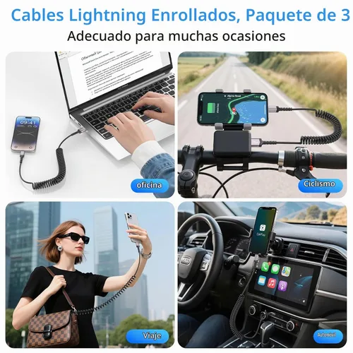 Vista 6 de Paquete de 3 cables Lightning en espiral para automóvil [certificado MFi] cargador retráctil para iPhone, Apple CarPlay, cable USB a Lightning