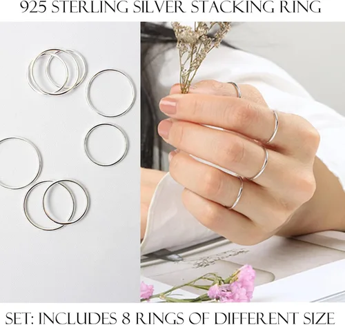 Vista 3 de CANDYFANCY Anillos delgados de plata de ley 925 de 0.039 pulgadas apilados por debajo de la rodilla para mujer, anillos apilables, tamaño 2.5-8.5