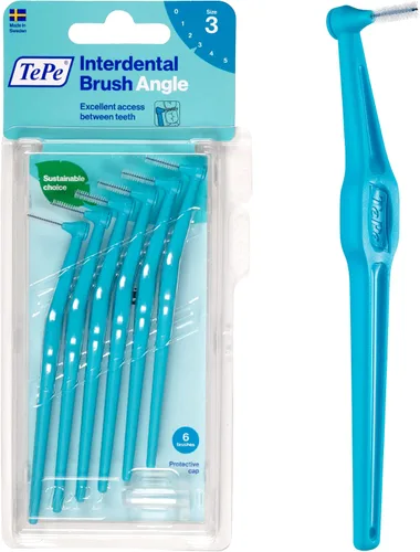 Vista 8 de TePe Cepillo Interdental en Ángulo, Cepillo Dental Angular para Limpieza de Dientes, Paquete de 6, 0.44 mm, Espacios Extra Pequeños/Pequeños, Rosa