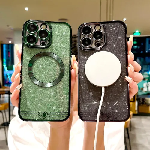 Vista 5 de Funda magnética para iPhone 15 Pro, compatible con Magsafe, funda transparente con purpurina de corazón de amor para mujeres y niñas, protección