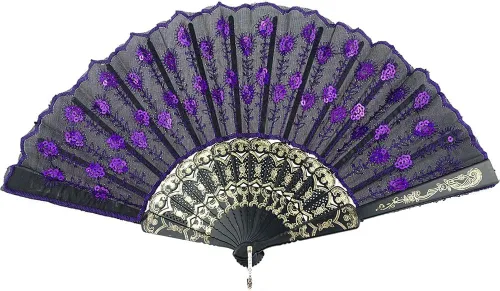 Vista 10 de InnoLife Elegante abanico de mano plegable con flores bordadas y patrón de pavo real con lentejuelas en tela artesanal (5 piezas, rojo)