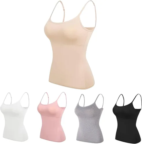 Vista 9 de Camisolas ajustables para mujer con brasier integrado, camiseta sin mangas de algodón elástico, tirantes delgados, cuello redondo Negro