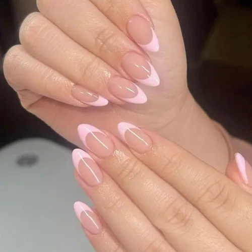 Vista 30 de Modelones Uñas postizas a presión color rosa almendra, uñas postizas cortas de primavera, kit de uñas reutilizables con pegamento de uñas, mini lima