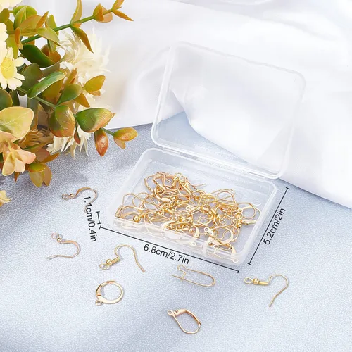 Vista 7 de Beebeecraft 50 ganchos para aretes de 5 estilos con bucle, chapados en oro de 18 quilates, ganchos para orejas de pez, arracadas con cierre de Dorado