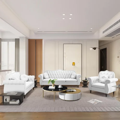 Vista 7 de AVZEAR Juego de sofá seccional de 3 piezas para sala de estar, sofá Chesterfield tapizado en terciopelo moderno de mediados de siglo, sofá de Blanco