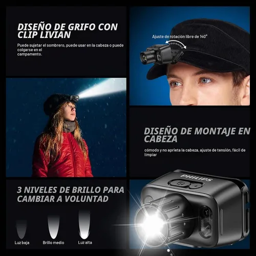Vista 3 de PHILIPS SFL3183RH - Linterna frontal LED recargable, luz de flash impermeable para exteriores, accesorios de campamento, 6 modos para senderismo