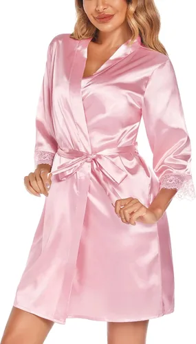 Vista 3 de SWOMOG Conjunto de bata de satén para mujer, conjunto de pijama sexy de 2 piezas, camisón de encaje y batas de seda