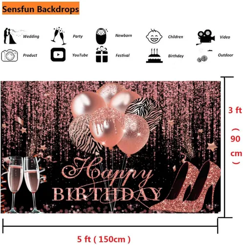 Vista 5 de Sensfun Telón de fondo de feliz cumpleaños con purpurina oro rosa y negro, decoración de cumpleaños, tacón champán, fondo de fotografía para mujeres