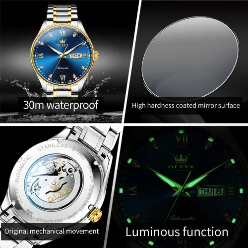 Vista 5 de OLEVS Reloj automático para hombre con calendario mecánico de cuerda automática, impermeable, vestido de acero inoxidable, luminoso, relojes