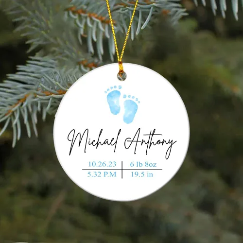 Vista 5 de NAZENTI Adorno de cerámica personalizado para bebé recién nacido, estadísticas de nacimiento, regalo de nueva mamá, primera Navidad del bebé