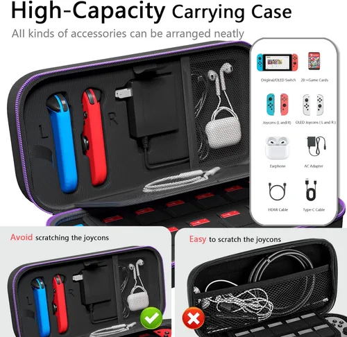 Vista 2 de Carrying Case, Fit Joy-Con and AC Adapter, Portable Hard Shell Pouch Carrying Travel Bag for Accessories Holds 20 Gards, Purple