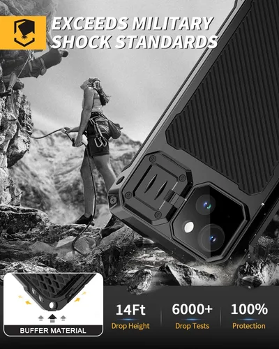 Vista 5 de Lanhiem Funda magnética de metal para iPhone 14, soporte de cámara integrado y protector de pantalla de cristal, resistente a prueba de golpes