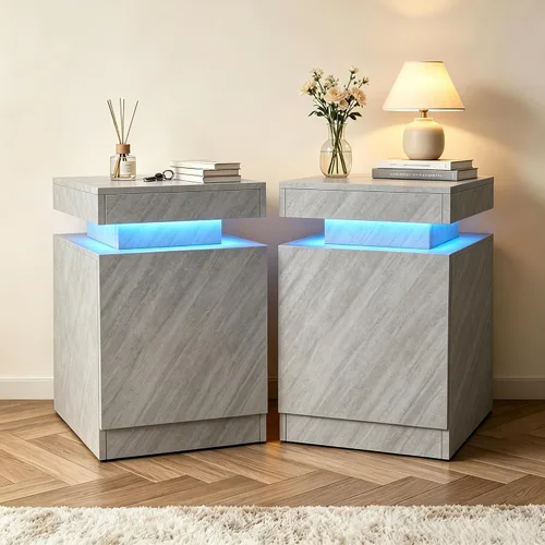 Vista 10 de oneinmil Juego de 2 mesitas de noche con luces LED, mesita de noche con armario de almacenamiento para dormitorio, mesita de noche con LED
