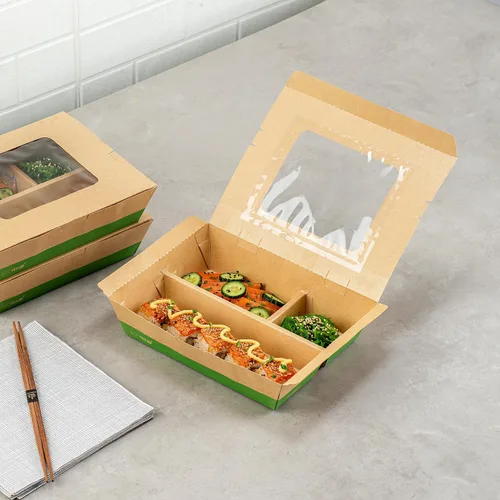 Vista 6 de Restaurantware Caja Bento de papel de 100 unidades, 51 onzas, contenedor de papel de estraza para alimentos, caja desechable a prueba de grasa