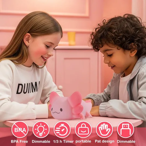 Vista 2 de ZKLiLi Axolotl Luz Nocturna para Niños, Lámpara Suave y Adorable Regulable, Regalos de Luz Nocturna para Niños para Bebé con Temporizador y 16
