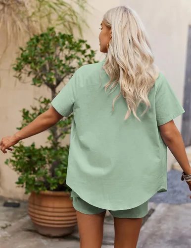 Vista 5 de Zeagoo Conjunto de 2 piezas de lino para mujer, conjunto de verano con botones, casual, para descansar y playa