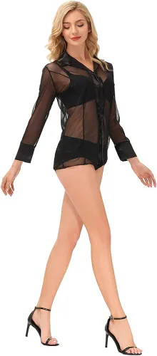 Vista 4 de Linkie Junkie Camiseta transparente de manga larga para mujer con botones sexy casual con botones Arcoiris Rainbow