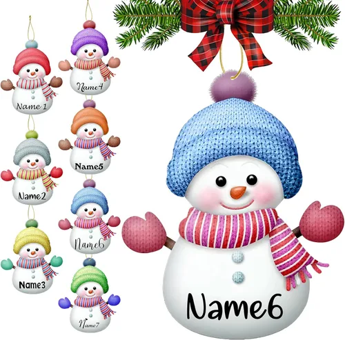 Vista 27 de Adornos de Navidad personalizados con nombres, muñeco de nieve, 8 piezas, adorno familiar personalizado, decoración colgante de madera para árbol