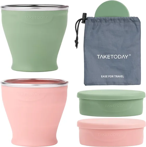 Vista 12 de TakeToday 2 vasos plegables de viaje de 8 onzas, taza de agua plegable de silicona, sin BPA con tapa y bolsa impermeable, juego de vasos para beber