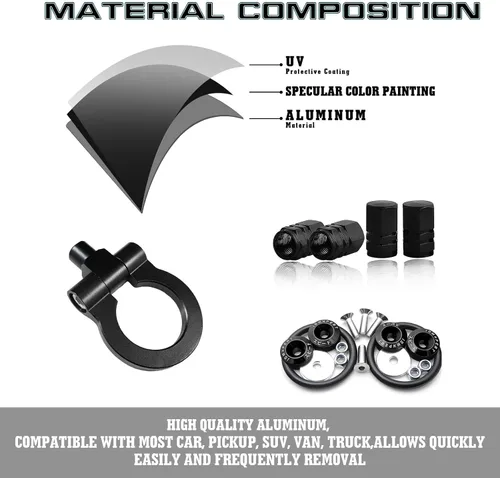 Vista 3 de Xotic Tech - Juego de gancho de remolque de aluminio negro para parachoques delantero + tapones de válvula de aire para vástagos de rueda + tapas