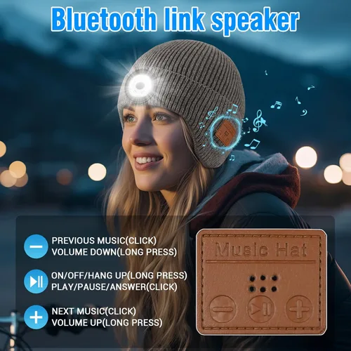 Vista 53 de Gorro Bluetooth con auriculares ligeros e inalámbricos, micrófono integrado y altavoces estéreo mejorados con música