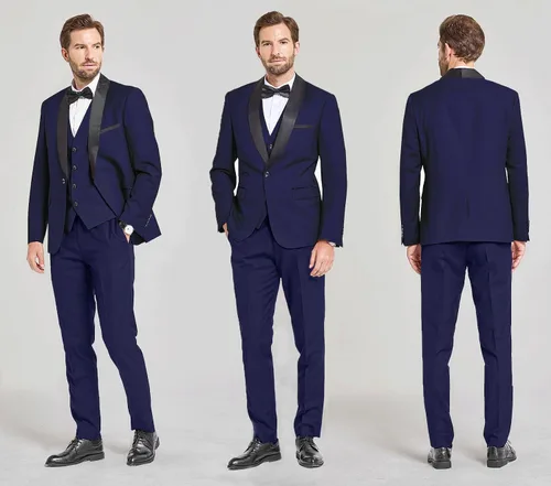 Vista 4 de YND Conjunto de esmoquin de 3 piezas para hombre, ajuste delgado, cuello de chal de un botón, chaleco de color liso, con corbatín