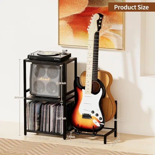 Vista 3 de YAKANJ Mesa Auxiliar con Soporte para Guitarra, Soporte para Tocadiscos, Almacenamiento para Discos de Vinilo, Soporte de 2 Niveles para Guitarra
