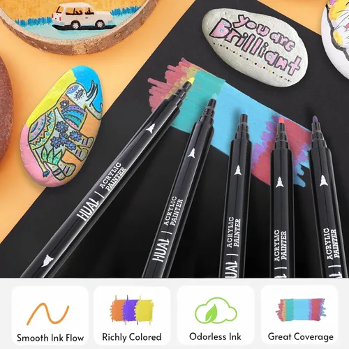 Vista 4 de HUAL Bolígrafos de pintura acrílica de doble punta, 24 colores finos y marcadores de punta de pincel para artistas profesionales, manualidades