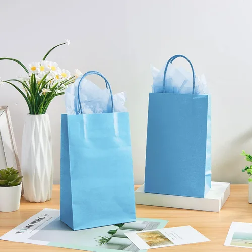 Vista 8 de DjinnGlory Paquete de 24 pequeñas bolsas de regalo de papel azul con asas de 9 x 5.5 x 3.15 pulgadas y 24 papel de regalo de seda para negocios
