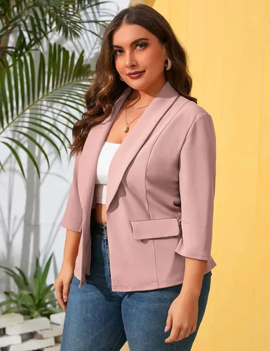 Vista 4 de ShopWonder Blazer casual con bolsillos para mujer, talla grande, para oficina, frente abierto, manga 34, cárdigans, chaqueta de trabajo