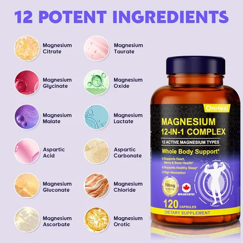 Vista 2 de Suplemento de magnesio 700 mg - Complejo 12 en 1 Glicinato Citrato Malato Taurato Óxido de magnesio y más - Alivia el estrés muscular