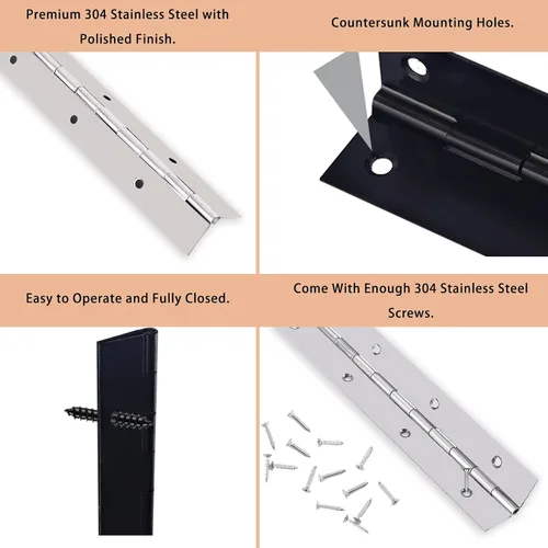 Vista 6 de Bisagra de piano de acero inoxidable resistente de 16 x 3 pulgadas, bisagra continua para gabinete, puerta, cajas de madera de bricolaje, 3 pulgadas