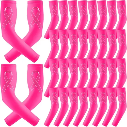 Vista 10 de Zhehao 18 pares de mangas de concientización sobre el cáncer de mama, mangas de compresión para brazos con cinta rosa, mangas de compresión