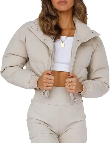 Vista 7 de Uaneo Chaqueta Puffer Recortada para Mujer con Cuello Levantado y Cremallera Frontal, Abrigos Acolchados de Plumón de Invierno