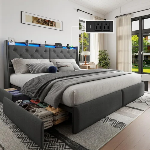 Vista 13 de Base de cama matrimonial tapizada con respaldo alero con 2 cajones de almacenamiento y luces LED
