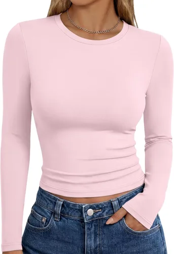 Vista 20 de Trendy Queen Camisetas de manga larga para mujer, camisetas básicas de Verde militar