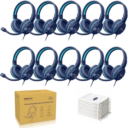Vista 15 de SIMOLIO - Auriculares con cable para la escuela con micrófono, auriculares estéreo para niños con micrófono giratorio flexible para estudiantes K12