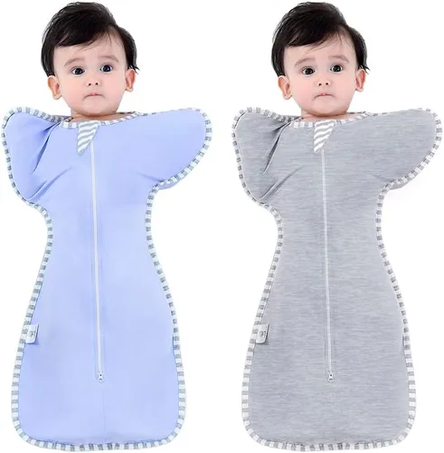 Vista 14 de Bycc Bynn Paquete de 2 sacos de dormir con manga alta, transición a saco de dormir portátil sin brazos para bebé pacify, Azul + Gris