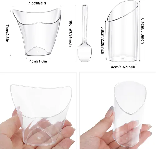 Vista 2 de Funtery Paquete de 300 mini tazas de postre de 3 onzas y 4 onzas con cucharas, tazas reutilizables de plástico transparente para yogur, parfait
