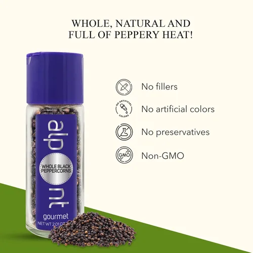Vista 2 de ALPONT GOURMET Whole Black Peppercorns - Whole Peppercorns for Grinder Refill - Ideal for BBQ, Curries, Spice Blend, Meat & Seafood - 2.01oz