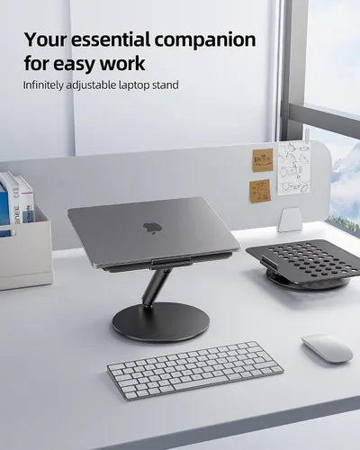 Vista 7 de LULULOOK Soporte para computadora portátil para escritorio, soporte de computadora de aluminio completo, elevador ajustable giratorio de 360°, Negro