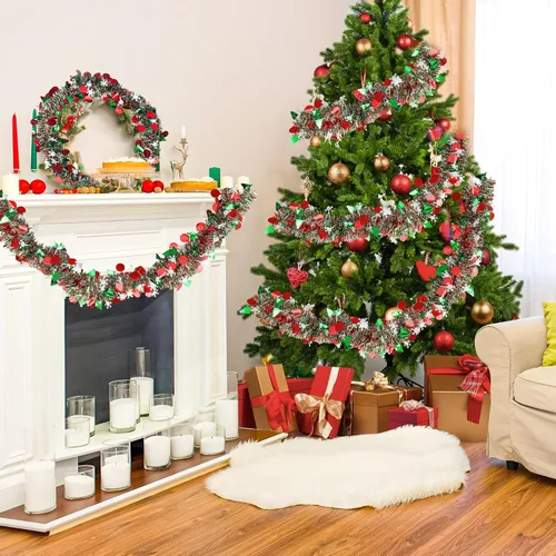 Vista 4 de Guirnalda de oropel de Navidad de 39 pies para decoración de árbol de Navidad, guirnalda metálica con purpurina y copo de nieve para colgar