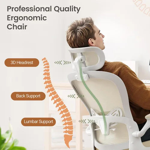 Vista 4 de Homall Silla ergonómica de oficina para computadora, silla de escritorio con reposacabezas 3D, soporte lumbar ajustable, silla de malla con respaldo