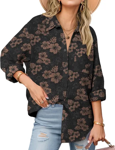 Vista 27 de Zeagoo - Blusas de lino con botones para mujer, de gasa, algodón, manga larga, blusas informales con cuello, corte holgado