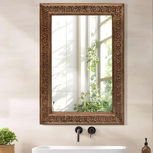Vista 14 de Espejo de pared, espejo de tocador con marco de madera maciza, espejo de pared decorativo de granja para baño, dormitorio, sala de estar y entrada