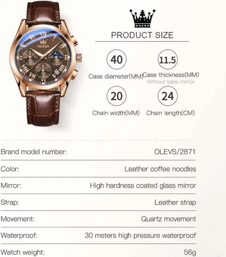Vista 6 de OLEVS Relojes para hombre, correa de cuero, reloj analógico de cuarzo, reloj impermeable con esfera grande de moda, relojes luminosos de lujo