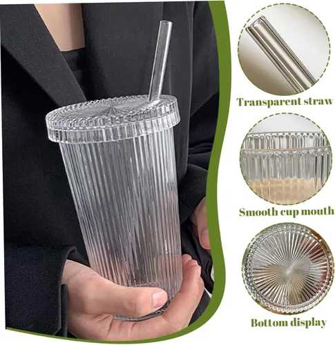 Vista 4 de 2 tazas de vidrio transparente acanalado de 12.7 fl oz con tapas y pajitas, tazas verticales multiusos a rayas para café helado, bebidas, leche