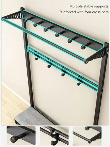 Vista 4 de Perchero - Taladro 4 en 1 con Zapatero Hall Organizador de almacenamiento para muebles de entrada con ganchos industriales para muebles con metal