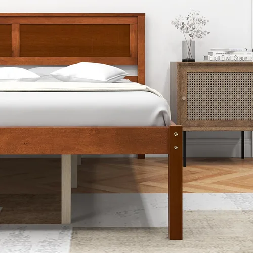 Vista 8 de Giantex Cama de plataforma de madera Queen con cabecero, marco de cama de madera maciza de mediados de siglo con soporte de listones de madera, base